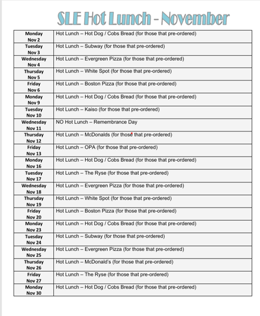 November 2026 Hot Lunch Menu