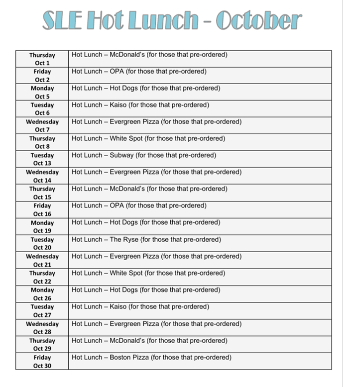 SLE Hot Lunch October 2026